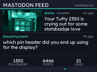 A boosted post with a photograph beside it, a mention under it, and follower, post and like counts along the bottom.