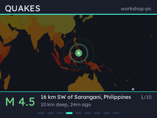 A world map closed in on an earthquake, with rings around the epicentre.