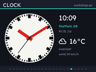 A Swiss railway clock face with the weather beside it.